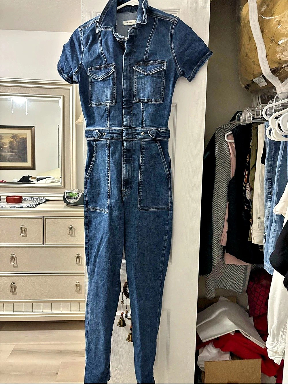 Good American Fit For Success Short Sleeve Denim Jumpsuit Small